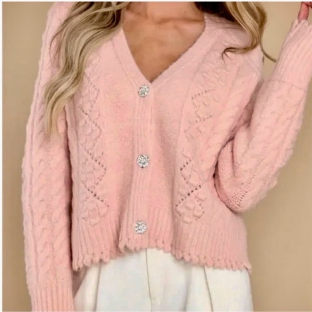 See And Be Seen NWT Pink V-Neck Wool Blend Cable Knit Cardigan Women’s M/L